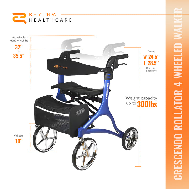 Rhythm Healthcare Crescendo Rollator 4 Wheel Walker with Backrest, Matte Blue