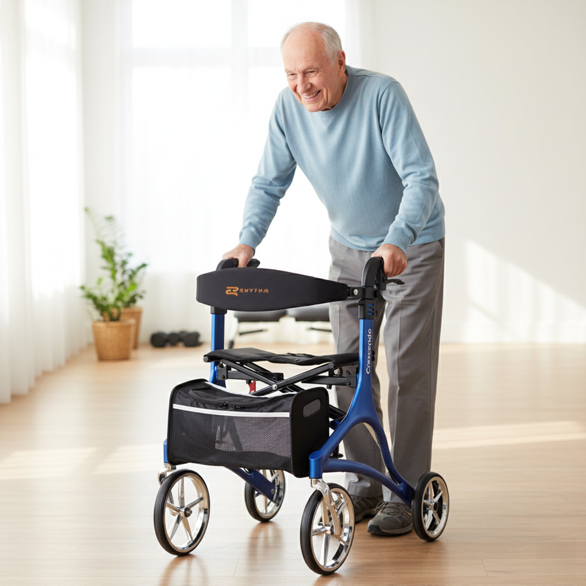 Rhythm Healthcare Rollator 4 Wheel Walker w/Backrest, Matte Blue (Open Box) - VMInnovations