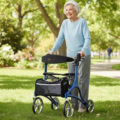 Rhythm Healthcare Rollator 4 Wheel Walker w/Backrest, Matte Blue (Open Box) - VMInnovations
