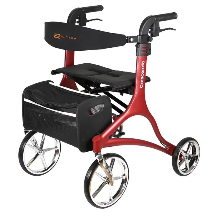 Rhythm Healthcare Crescendo Rollator 4 Wheel Walker with Backrest, Matte Red