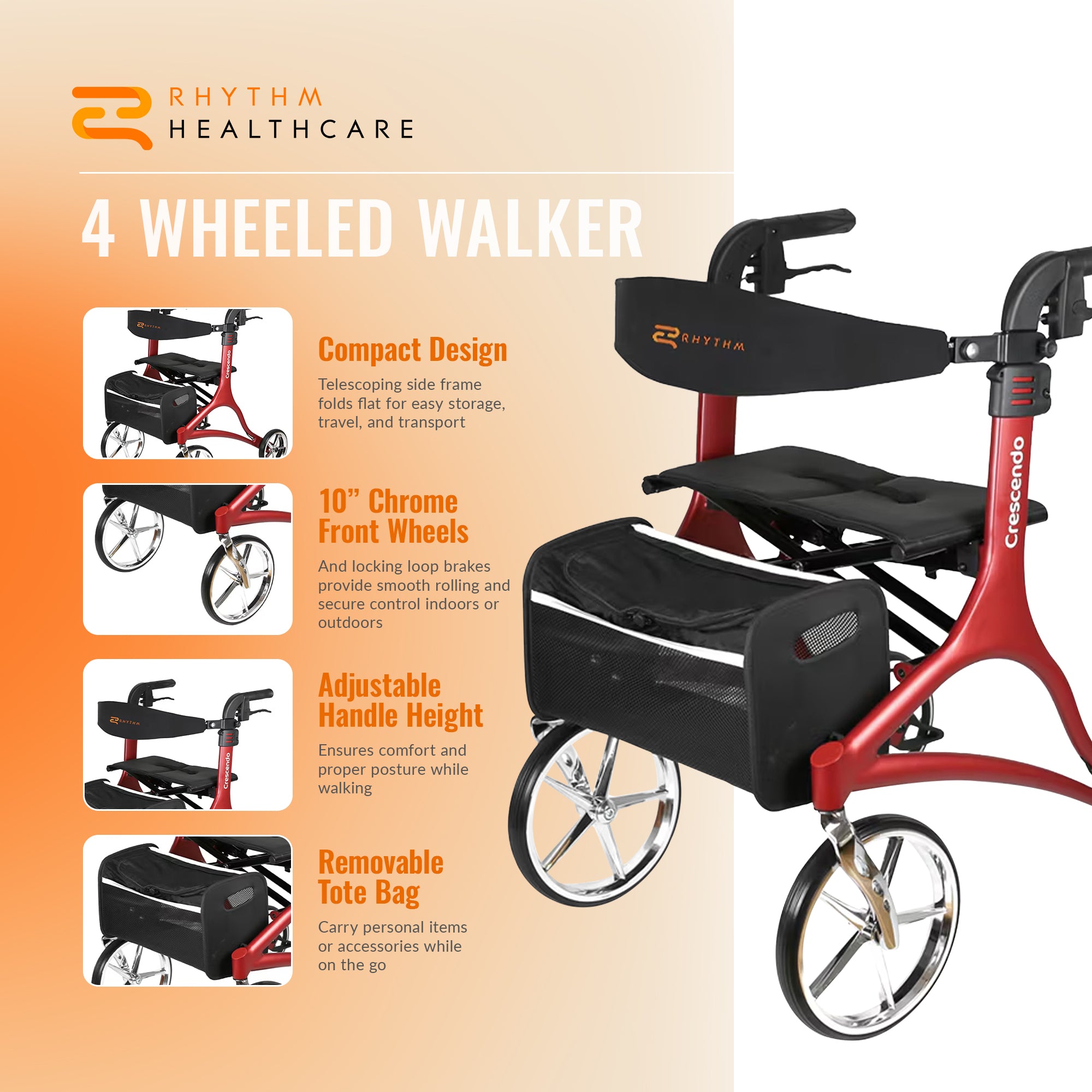 Rhythm Healthcare Crescendo Rollator 4 Wheel Walker with Backrest, Matte Red - VMInnovations