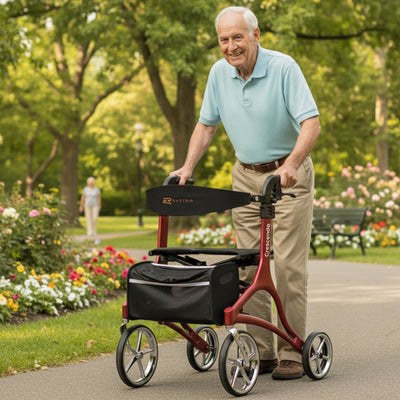 Rhythm Healthcare Crescendo Rollator 4 Wheel Walker with Backrest, Matte Red - VMInnovations