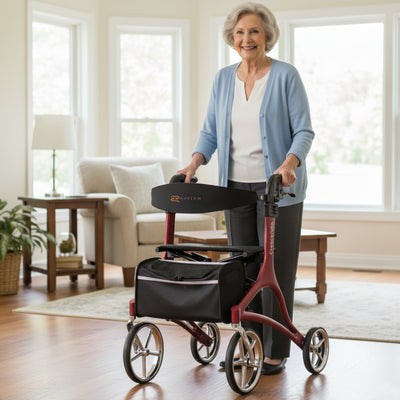 Rhythm Healthcare Crescendo Rollator 4 Wheel Walker with Backrest, Matte Red - VMInnovations