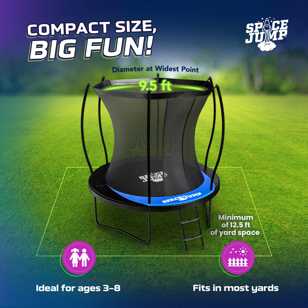 SpaceJump Lunar 8 Foot Trampoline, Outdoor Round Bouncer with Safety Net, Black