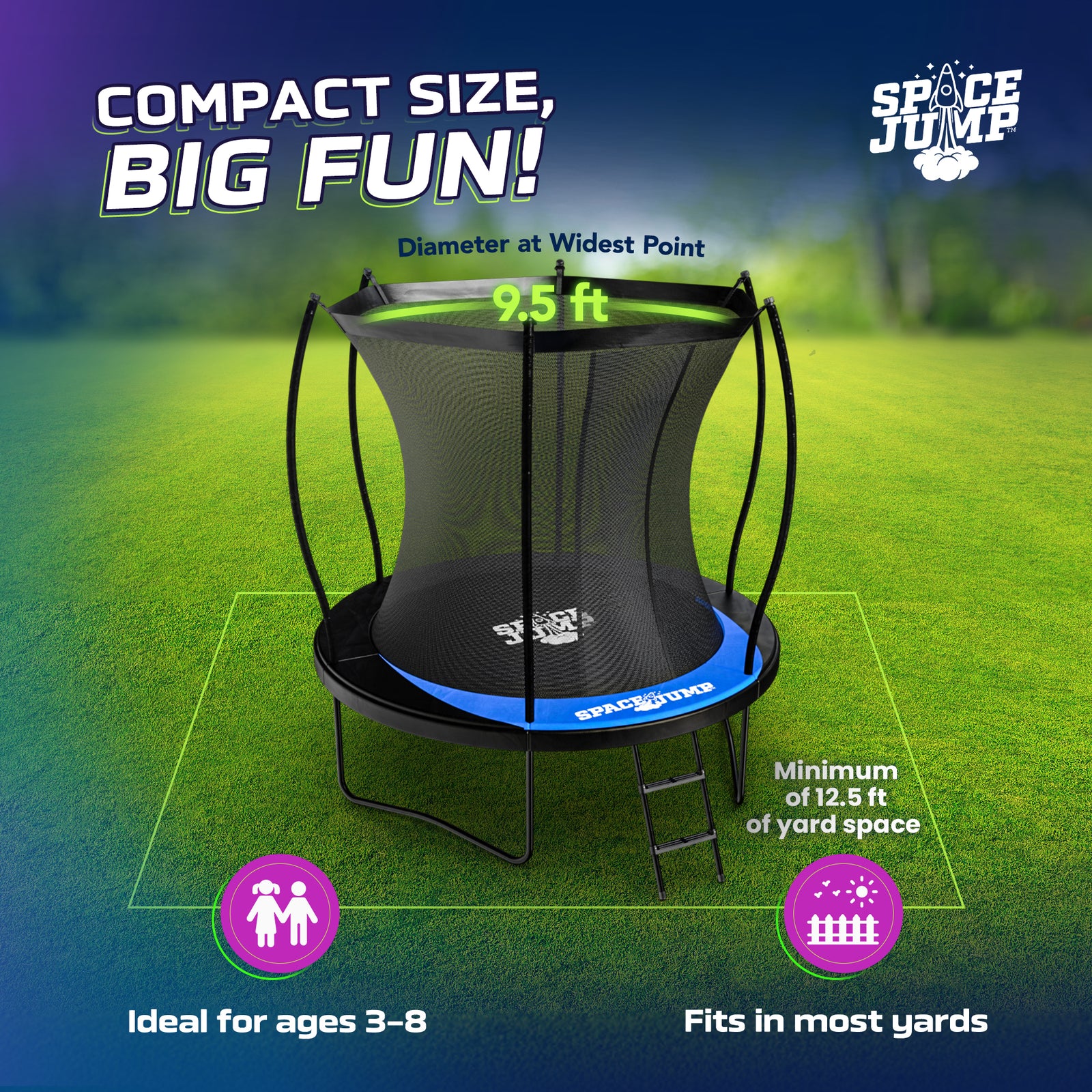 SpaceJump Lunar 8 Foot Trampoline, Outdoor Round Bouncer with Safety Net, Black - VMInnovations