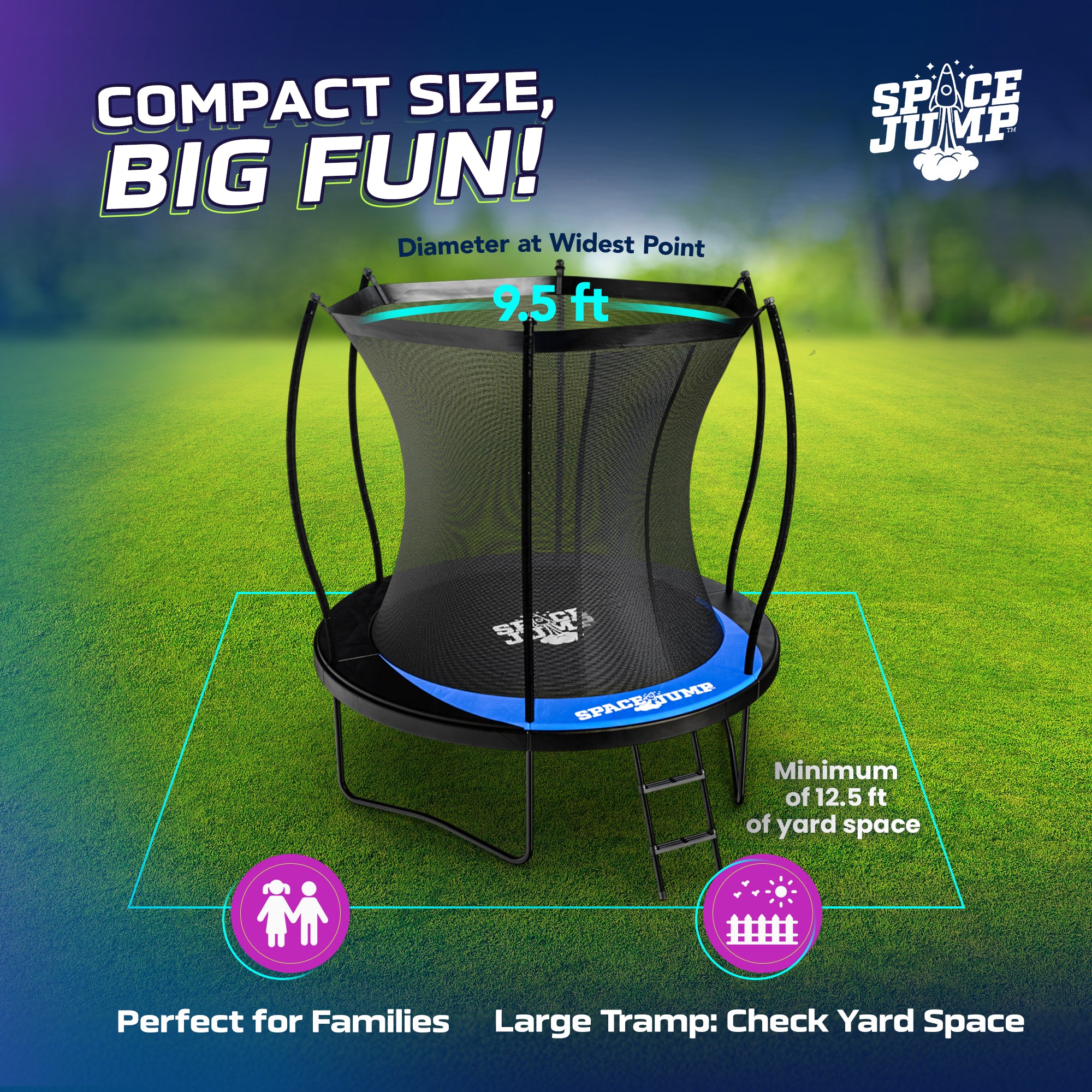 SpaceJump Lunar 8' Trampoline, Outdoor Bouncer with Net and Eclipse Sun Shade