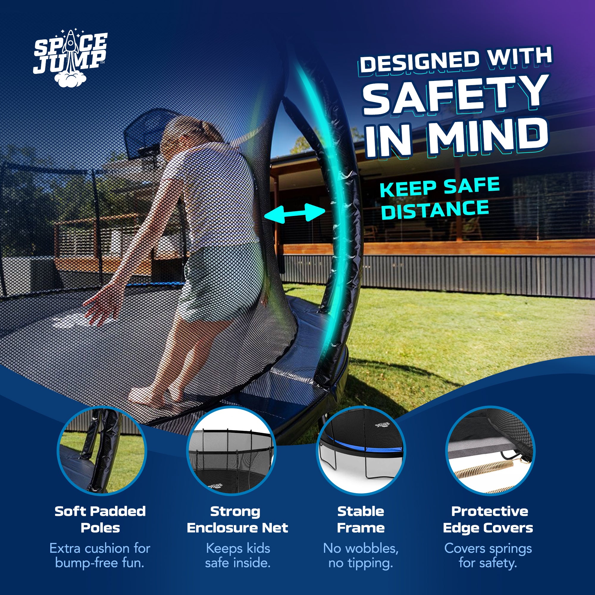 SpaceJump Lunar 8' Trampoline, Outdoor Bouncer with Net and Eclipse Sun Shade