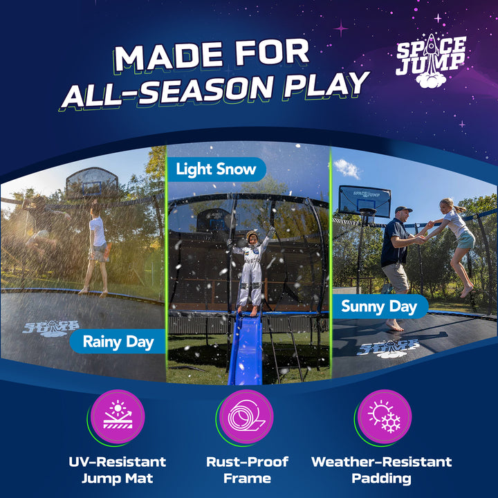 SpaceJump Lunar 8' Trampoline, Outdoor Ultimate Set with Slide, Hoop and Sprayer