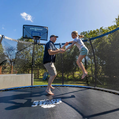 SpaceJump Lunar 8' Trampoline, Outdoor Ultimate Set with Slide, Hoop and Sprayer