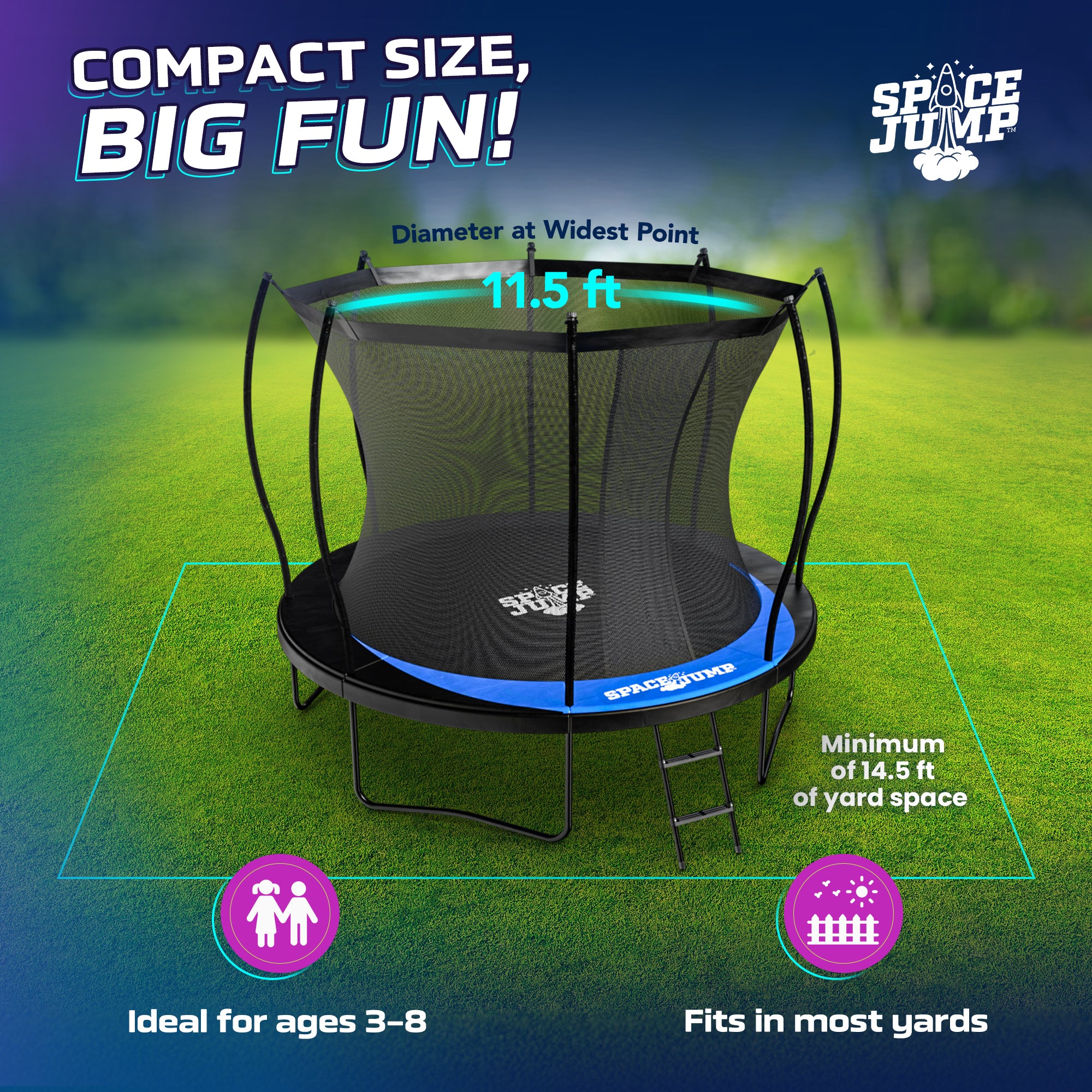 SpaceJump Lunar 10' Trampoline, Outdoor Bouncer with Net and Eclipse Sun Shade
