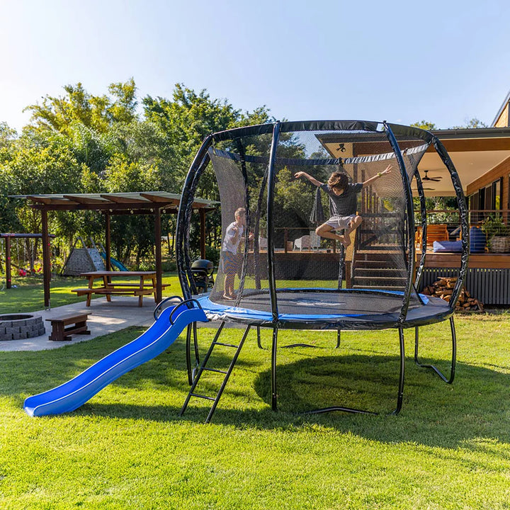 SpaceJump Lunar 10' Trampoline, Outdoor Ultimate Set with Slide, Hoop & Sprayer