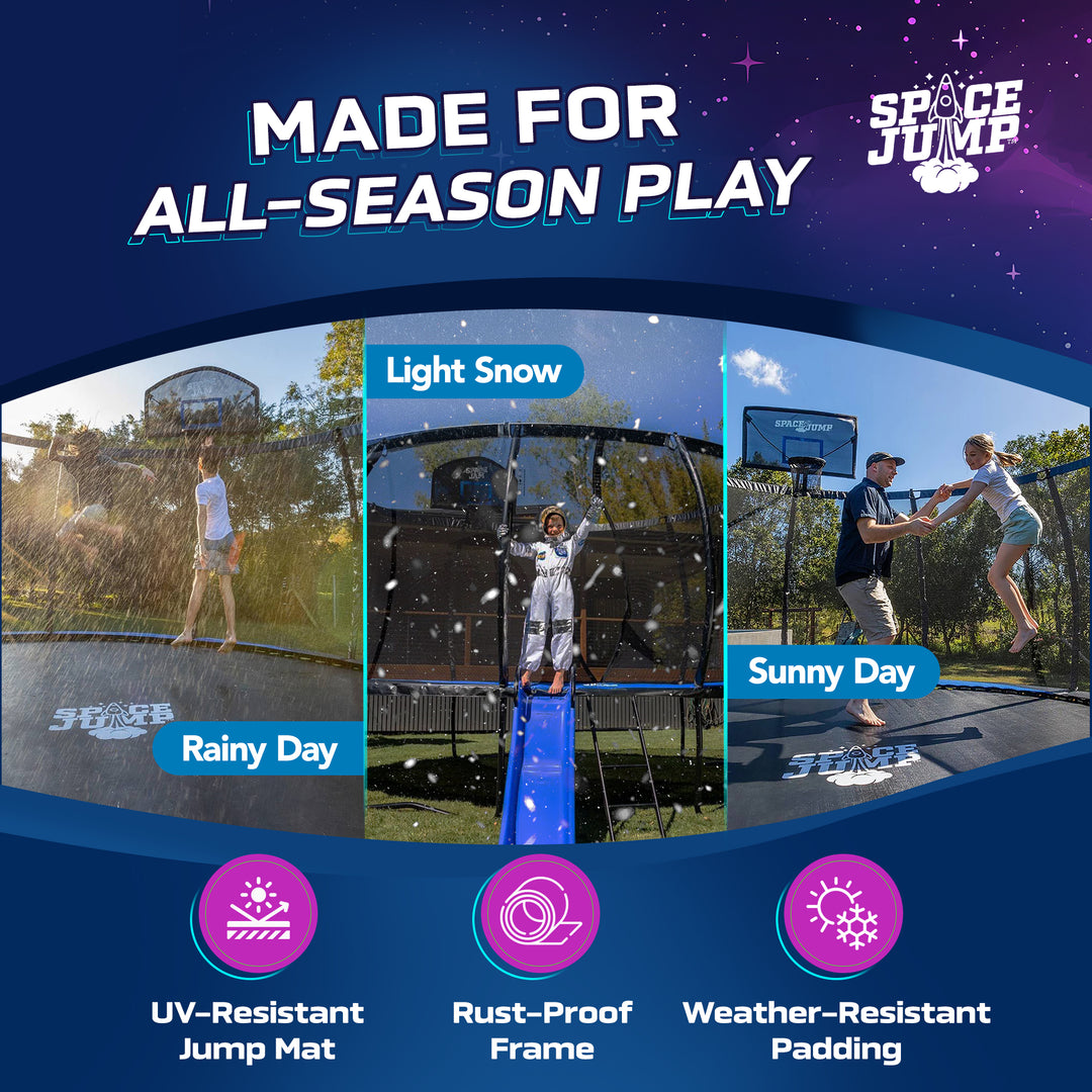 SpaceJump Lunar 12' Trampoline, Outdoor Ultimate Set with Slide, Hoop & Sprayer