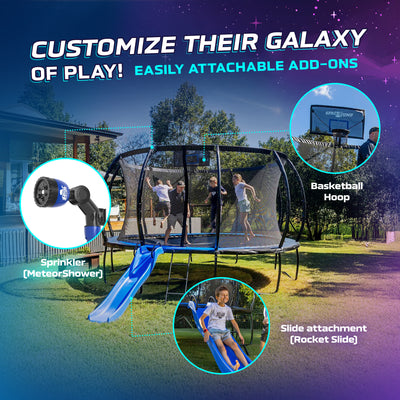 SpaceJump Lunar 12' Trampoline, Outdoor Ultimate Set with Slide, Hoop & Sprayer