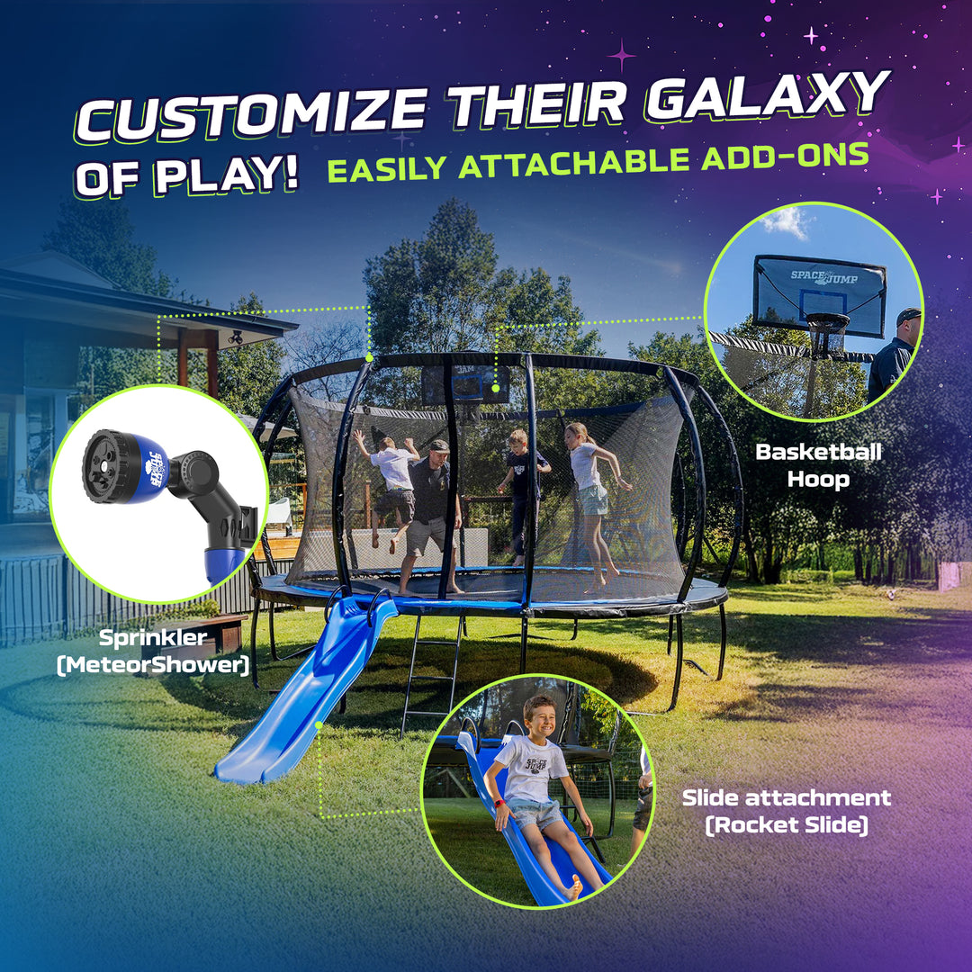 SpaceJump Lunar 12' Trampoline, Outdoor Ultimate Set with Slide, Hoop & Sprayer