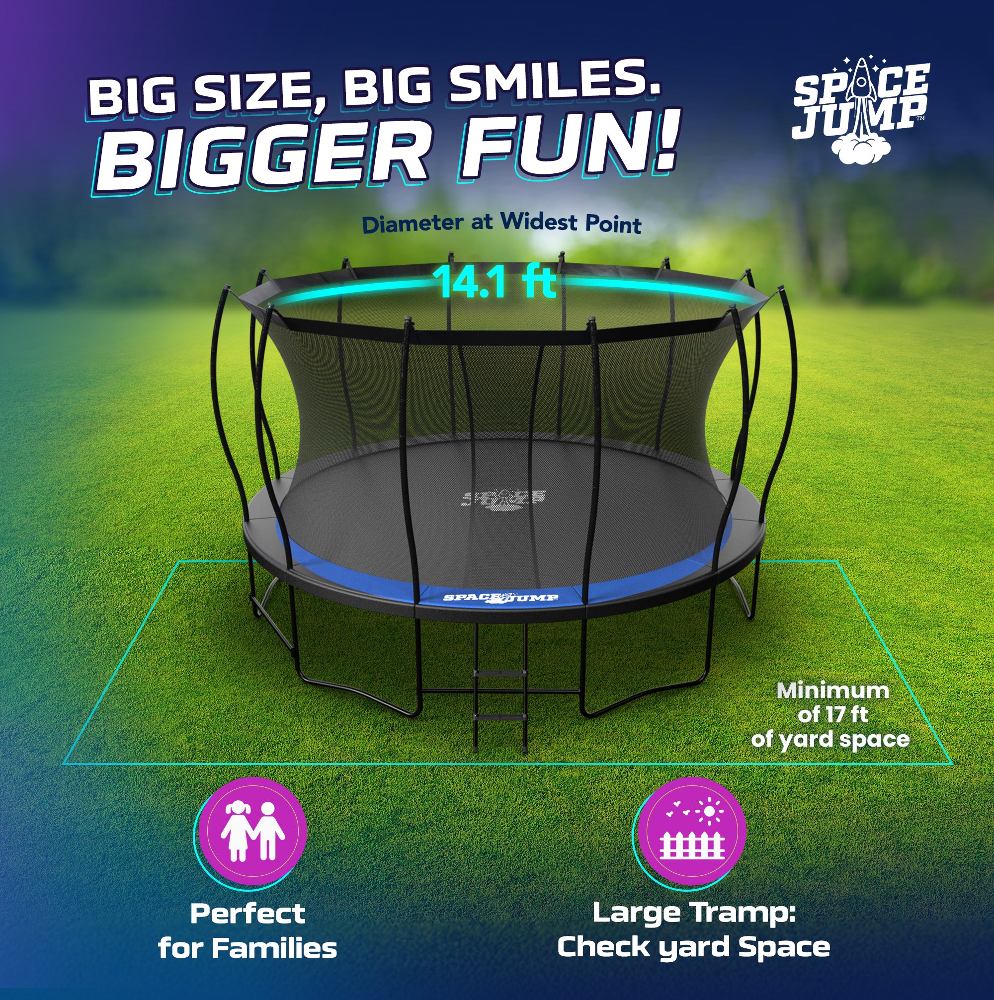 SpaceJump Lunar 14 Foot Trampoline, Outdoor Round Bouncer with Safety Net, Black