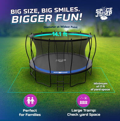 SpaceJump Lunar 14 Foot Trampoline, Outdoor Round Bouncer with Safety Net, Black