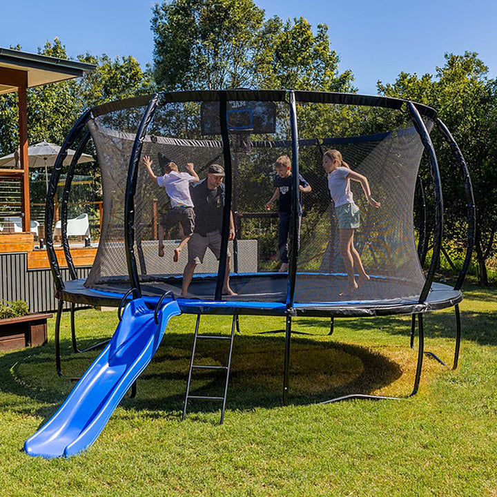 SpaceJump Lunar 14 Foot Trampoline, Outdoor Round Bouncer with Safety Net, Black