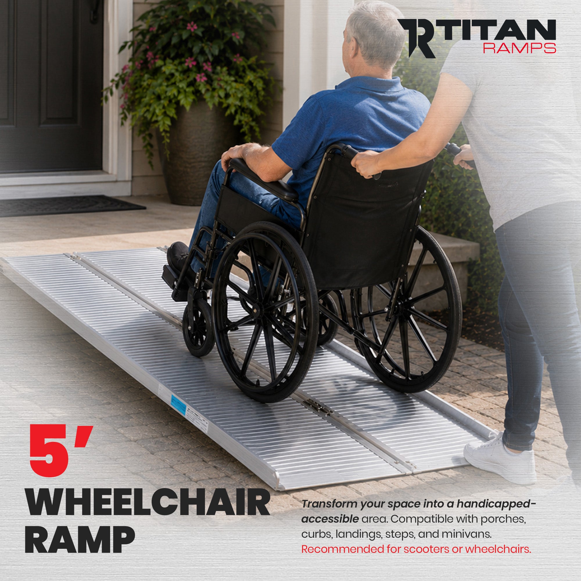 Titan Ramps 5 Foot Single-Fold Aluminum Wheelchair Ramp, 600 Pound Capacity - VMInnovations