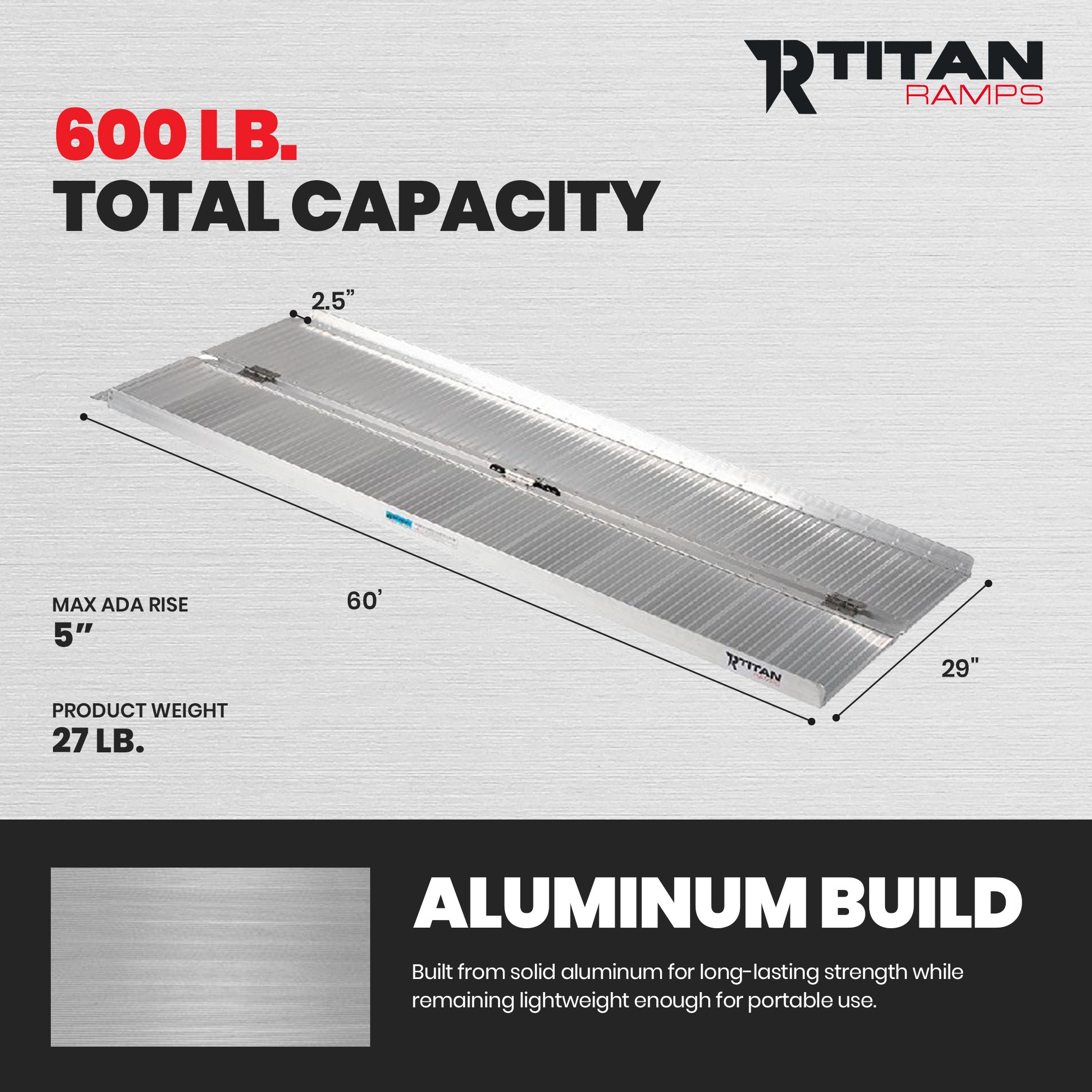 Titan Ramps 5 Foot Single-Fold Aluminum Wheelchair Ramp, 600 Pound Capacity - VMInnovations
