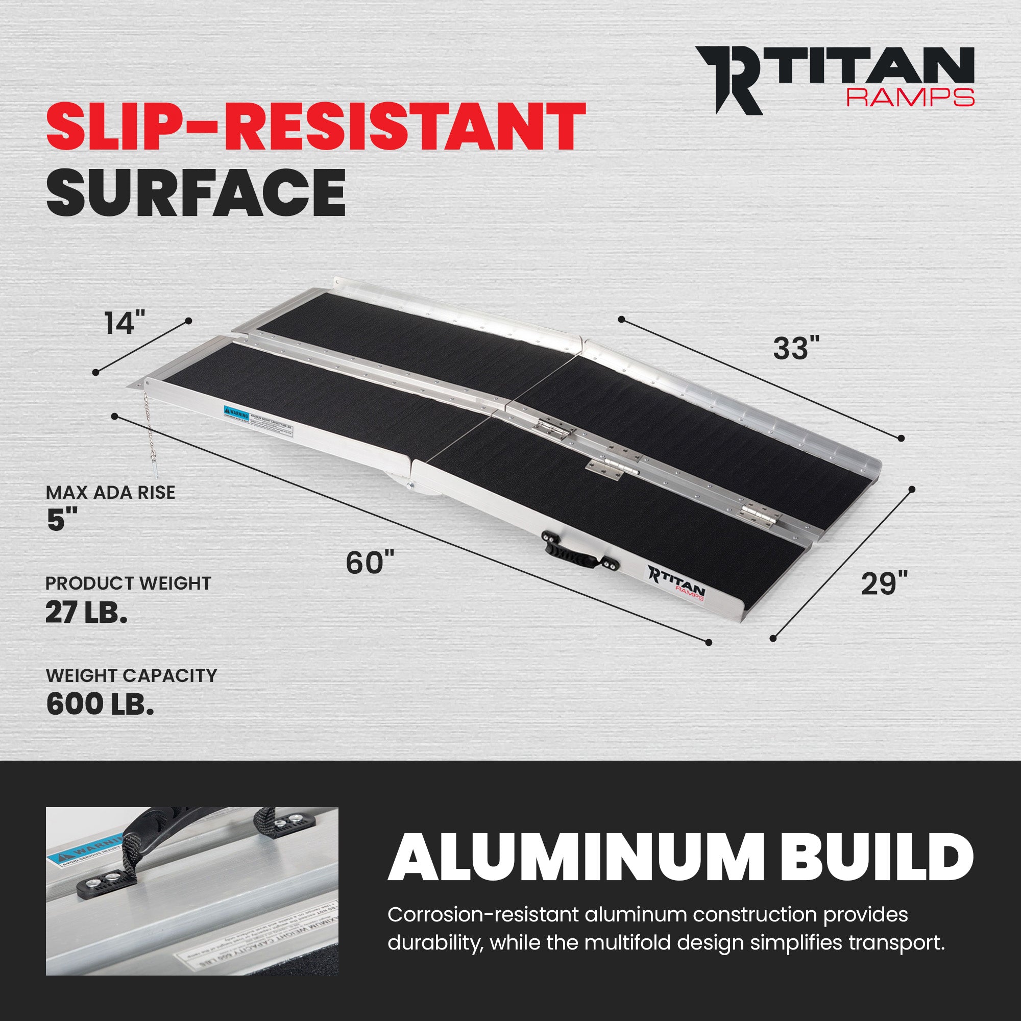 Titan Ramps 5 Foot Multi-Fold Grip Aluminum Wheelchair Ramp, 600 Pound Capacity