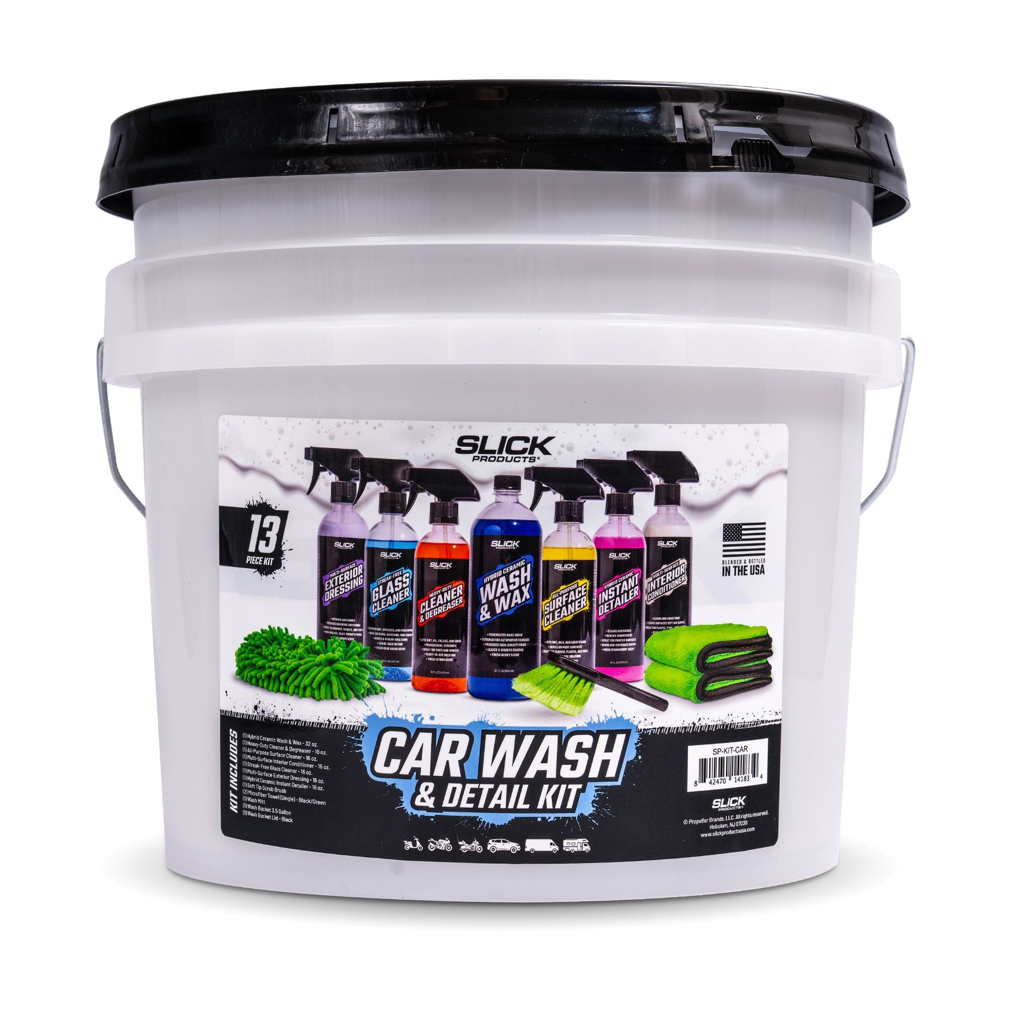 Slick Products 13-Piece Car Wash Cleaning and Detailing Kit, Towel & Scrub Brush - VMInnovations