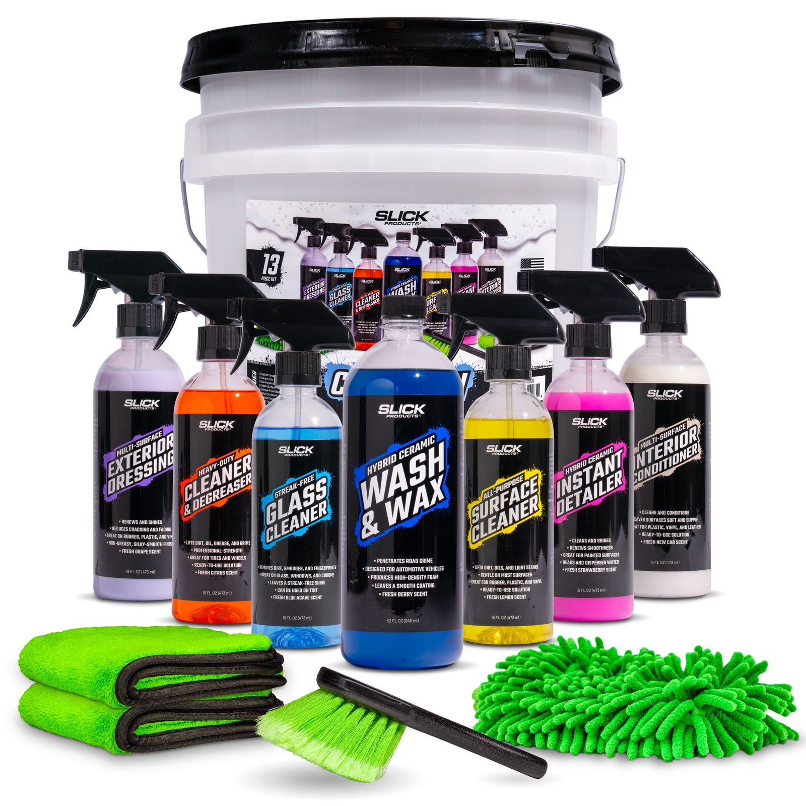 Slick Products 13-Piece Car Wash Cleaning and Detailing Kit, Towel & Scrub Brush - VMInnovations