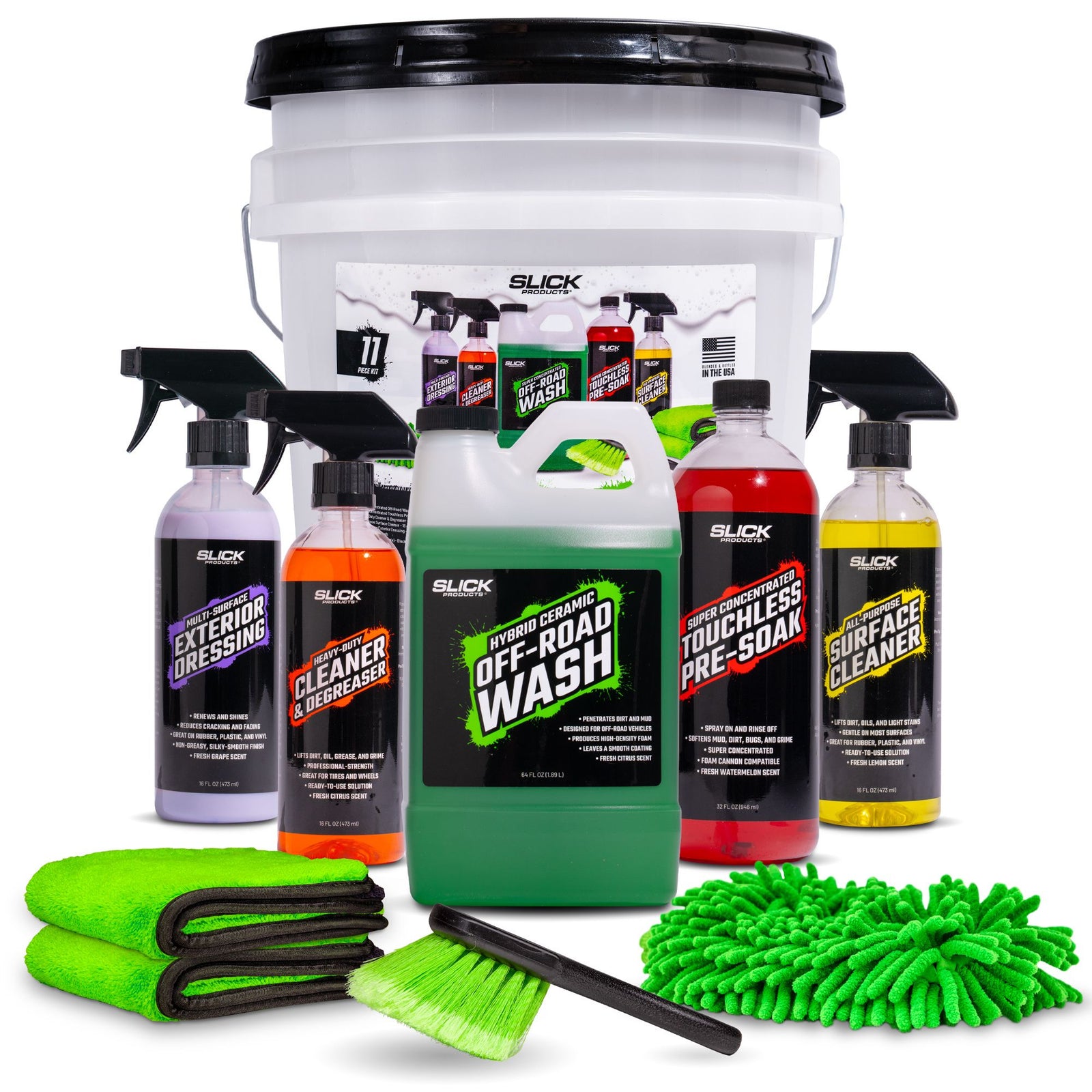 Slick Products 11-Piece Off-Road Car Wash and Detailing Kit, Towel & Scrub Brush - VMInnovations