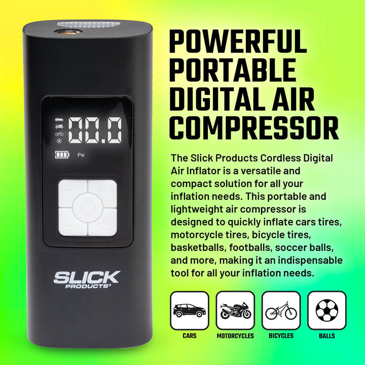 Slick Products Cordless Digital Air Inflator, Portable Tire Pump and Power Bank