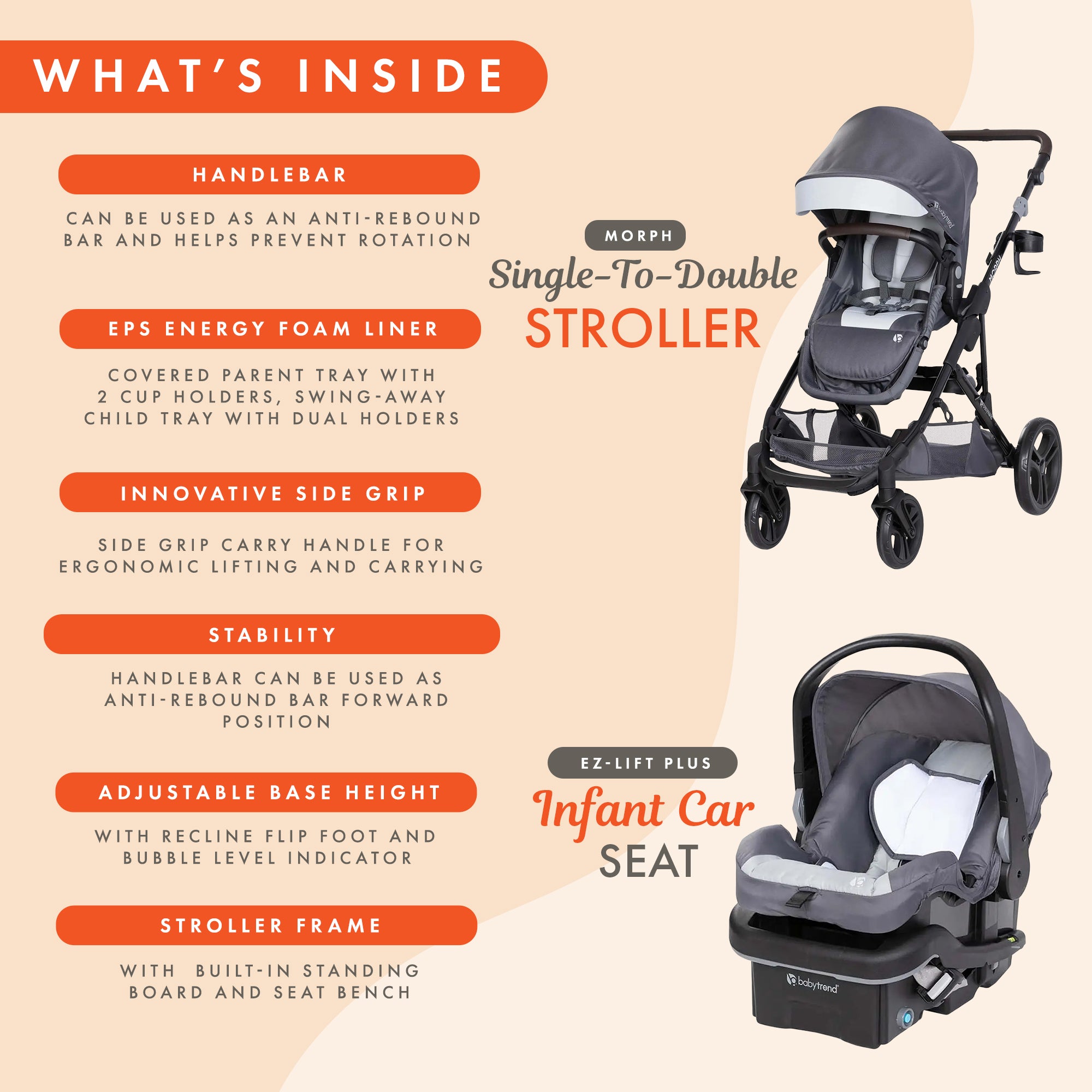 Baby Trend Morph Single to Double Modular System & Car Seat, Dash Grey(Open Box) - VMInnovations
