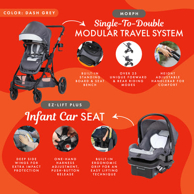 Baby Trend Morph Single to Double Modular Travel System and Car Seat, Dash Grey - VMInnovations