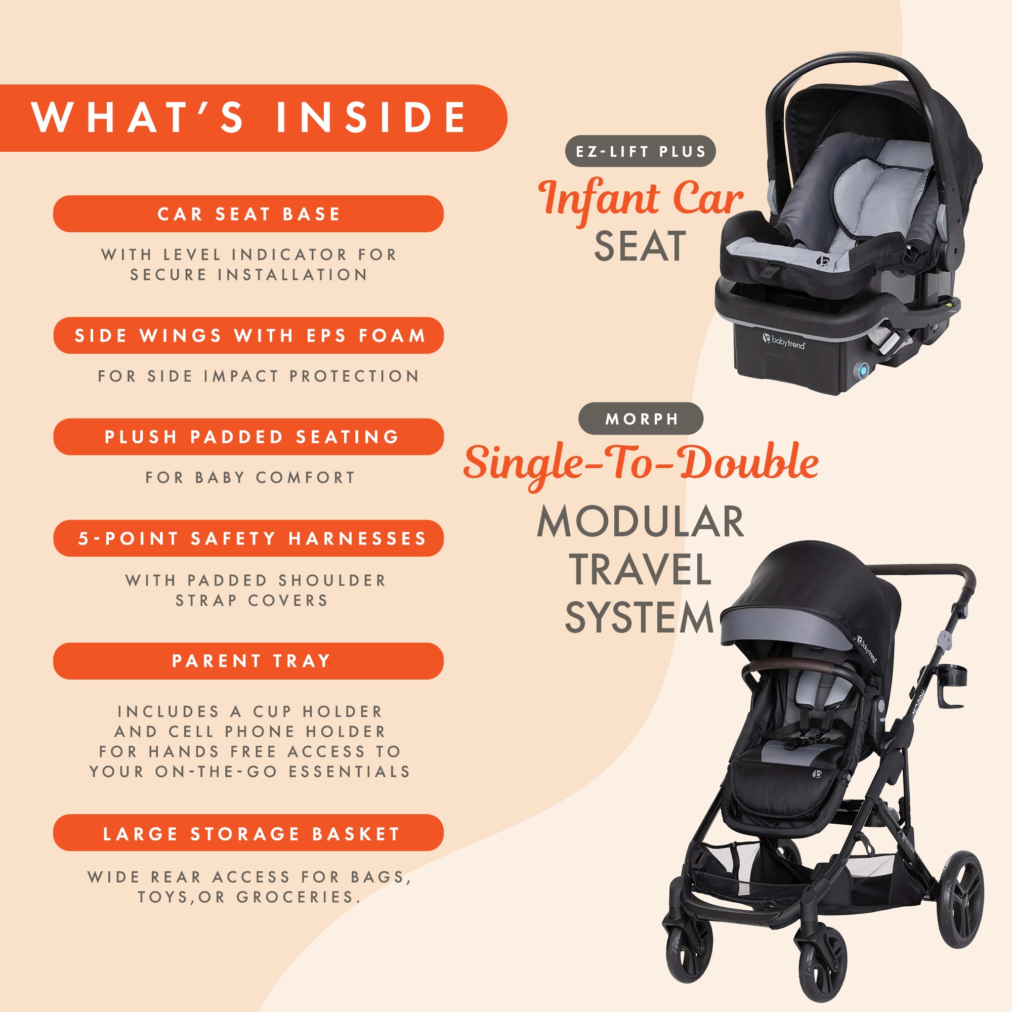 Baby Trend Morph Single to Double Modular Travel System and Car Seat, Dash Black - VMInnovations
