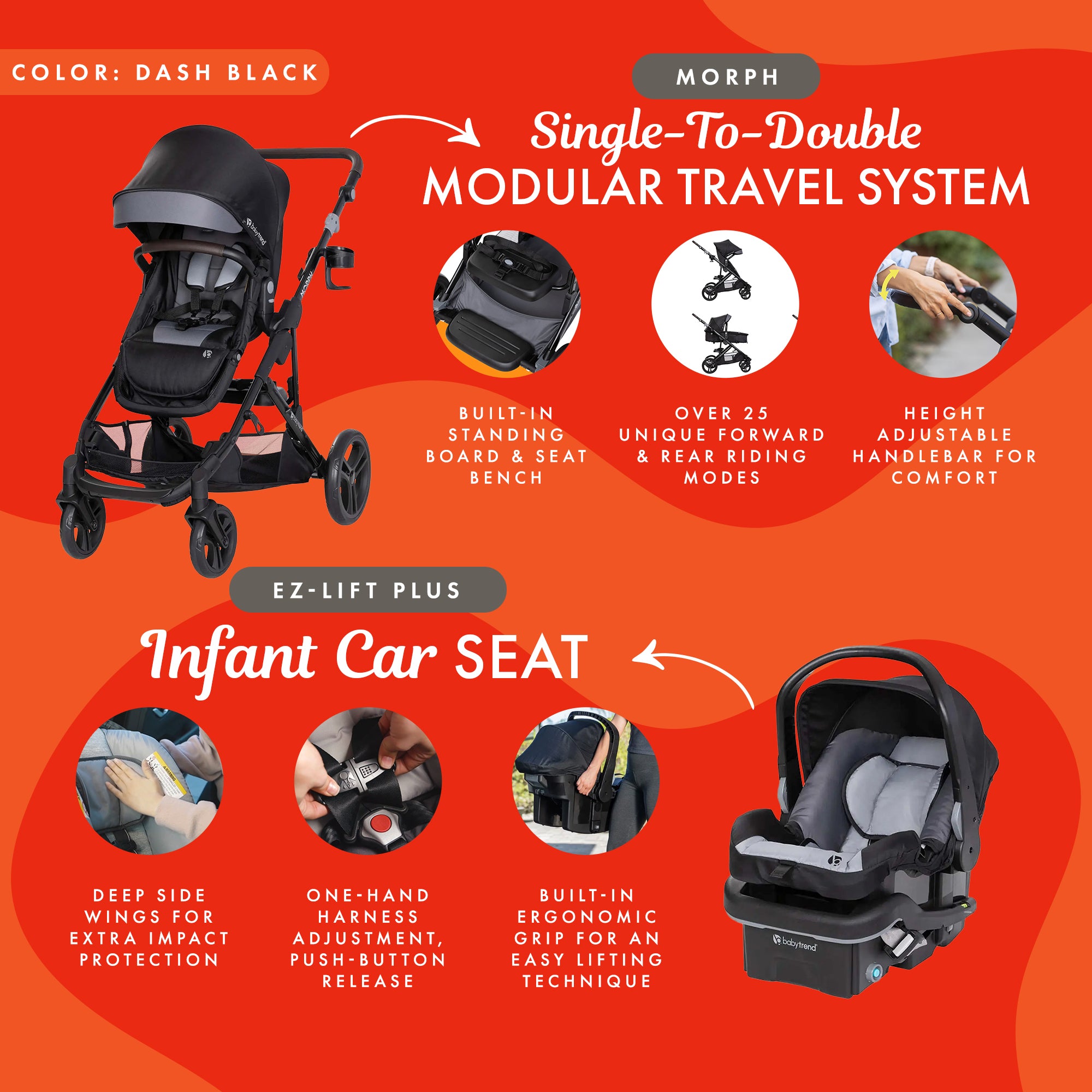Baby Trend Morph Single to Double Modular Travel System and Car Seat, Dash Black - VMInnovations