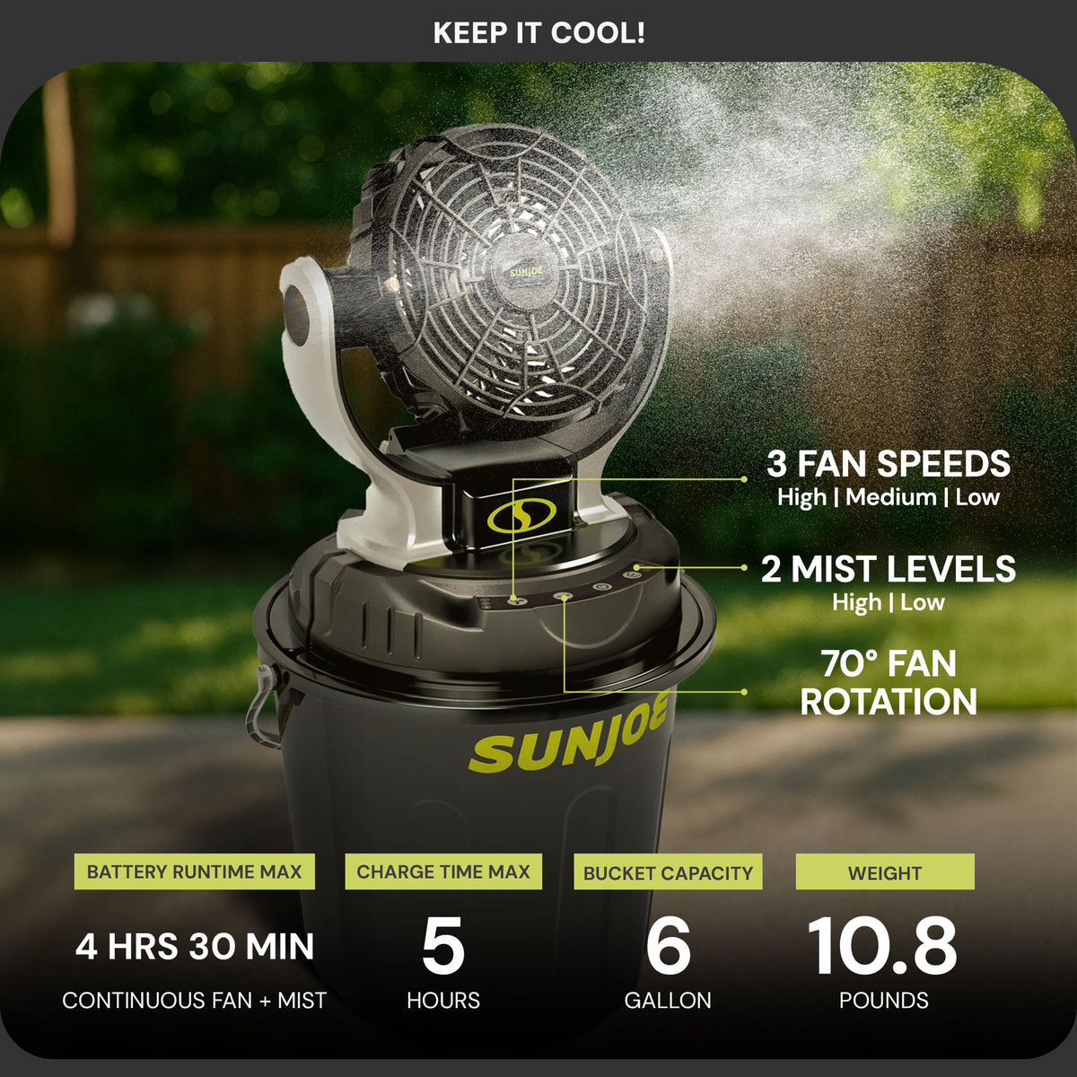 Sun Joe 24V IONMAX Cordless Misting Fan w/ 6 Gal Portable Bucket, 24V-MSTFAN-LTE (Used)