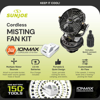 Sun Joe 24V IONMAX Cordless Misting Fan w/ 6 Gal Portable Bucket, 24V-MSTFAN-LTE - VMInnovations