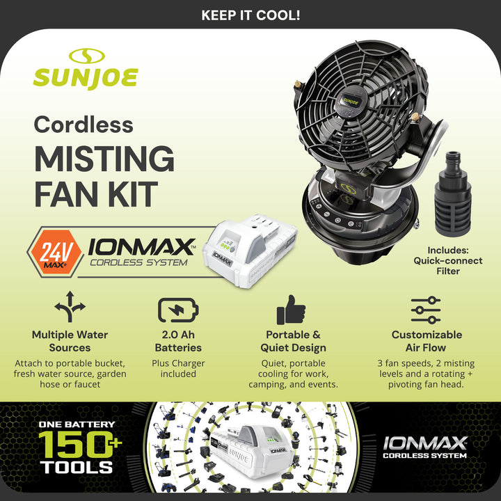 Sun Joe 24V IONMAX Cordless Misting Fan w/ 6 Gal Portable Bucket (Open Box)