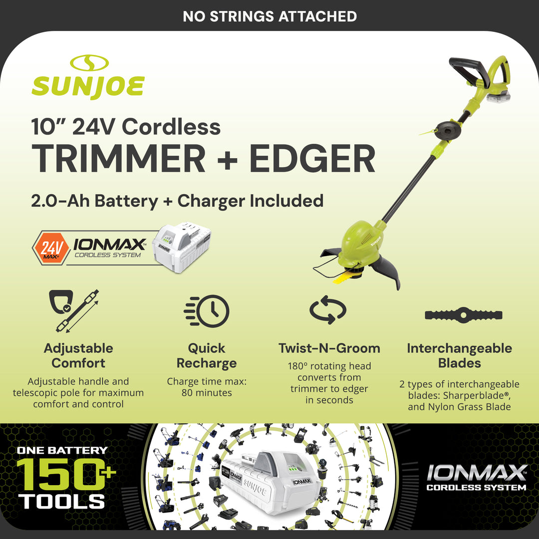 Sun Joe 10” Stringless Lawn Trimmer Charger SharperBlade, Green, 24V-SB10-LTE