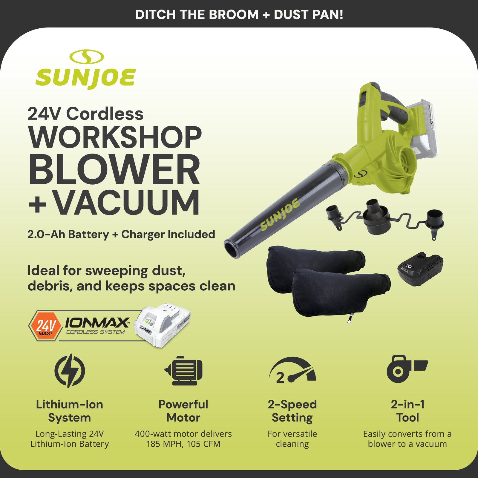 Sun Joe 24V IONMAX Work Shop Blower and Vacuum Battery Charger (Open Box) - VMInnovations