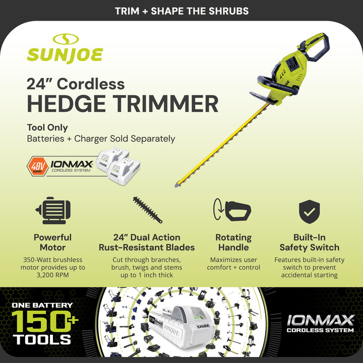 Sun Joe Cordless Hedge Trimmer Tool. 24" Portable Tree Trimmer, 24V-X2-24HT-CT