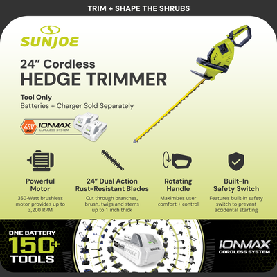 Sun Joe 24" Cordless Battery Hedge Trimmer Tool, 24V-X2-24HT-CT (Open Box)