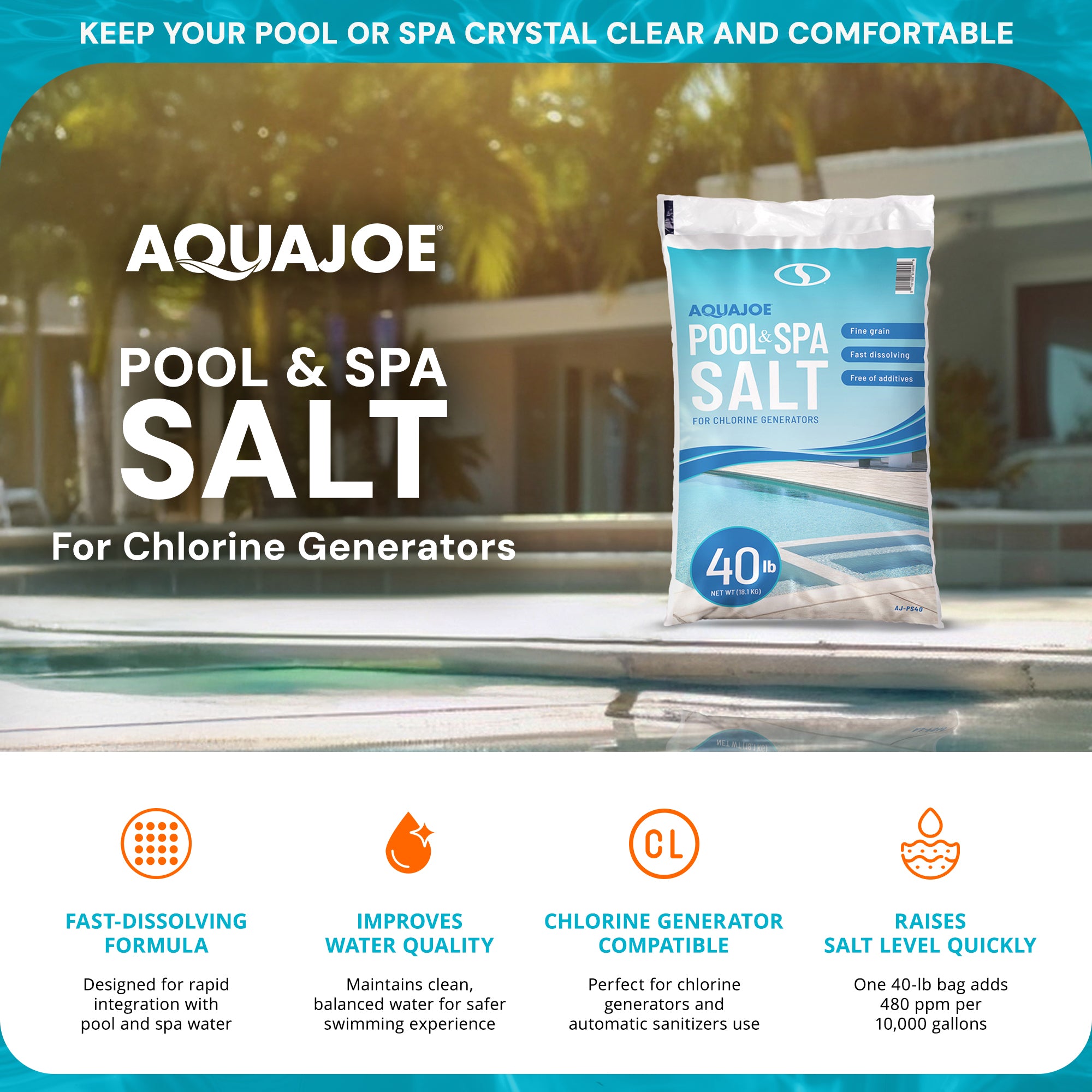 Aqua Joe 70 Pack 40Lb Fast Dissolving Pool Spa Salt Chlorine Generators AJ-PS40