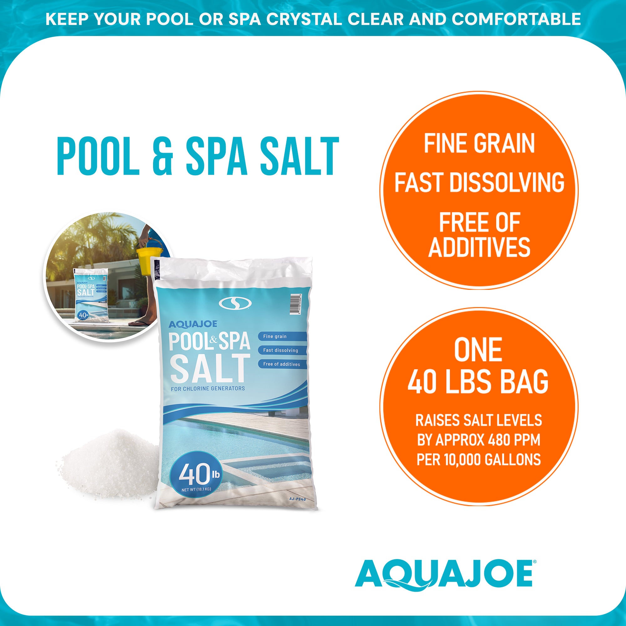 Aqua Joe 70 Pack 40Lb Fast Dissolving Pool Spa Salt Chlorine Generators AJ-PS40