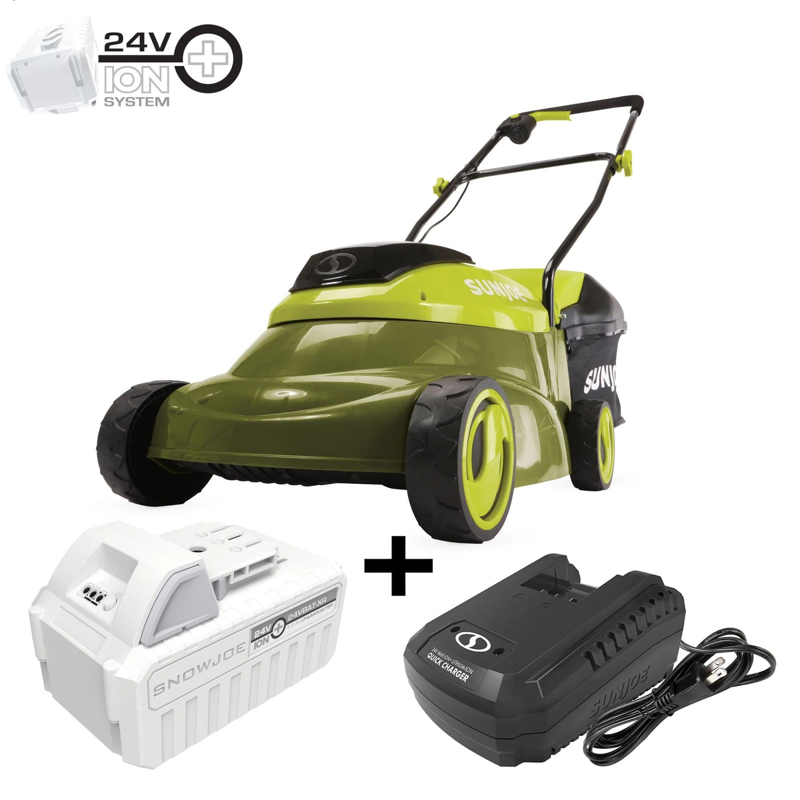 Sun Joe Cordless, Brushless Lawn Mower Kit, Rear Grass Bag, Green, MJ24C-14-XR - VMInnovations