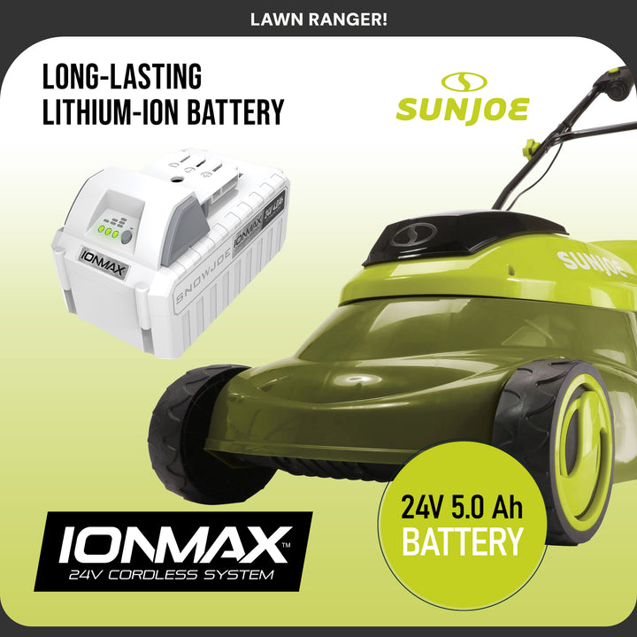 Sun Joe Cordless, Brushless Lawn Mower Kit, Rear Grass Bag, Green, MJ24C-14-XR - VMInnovations