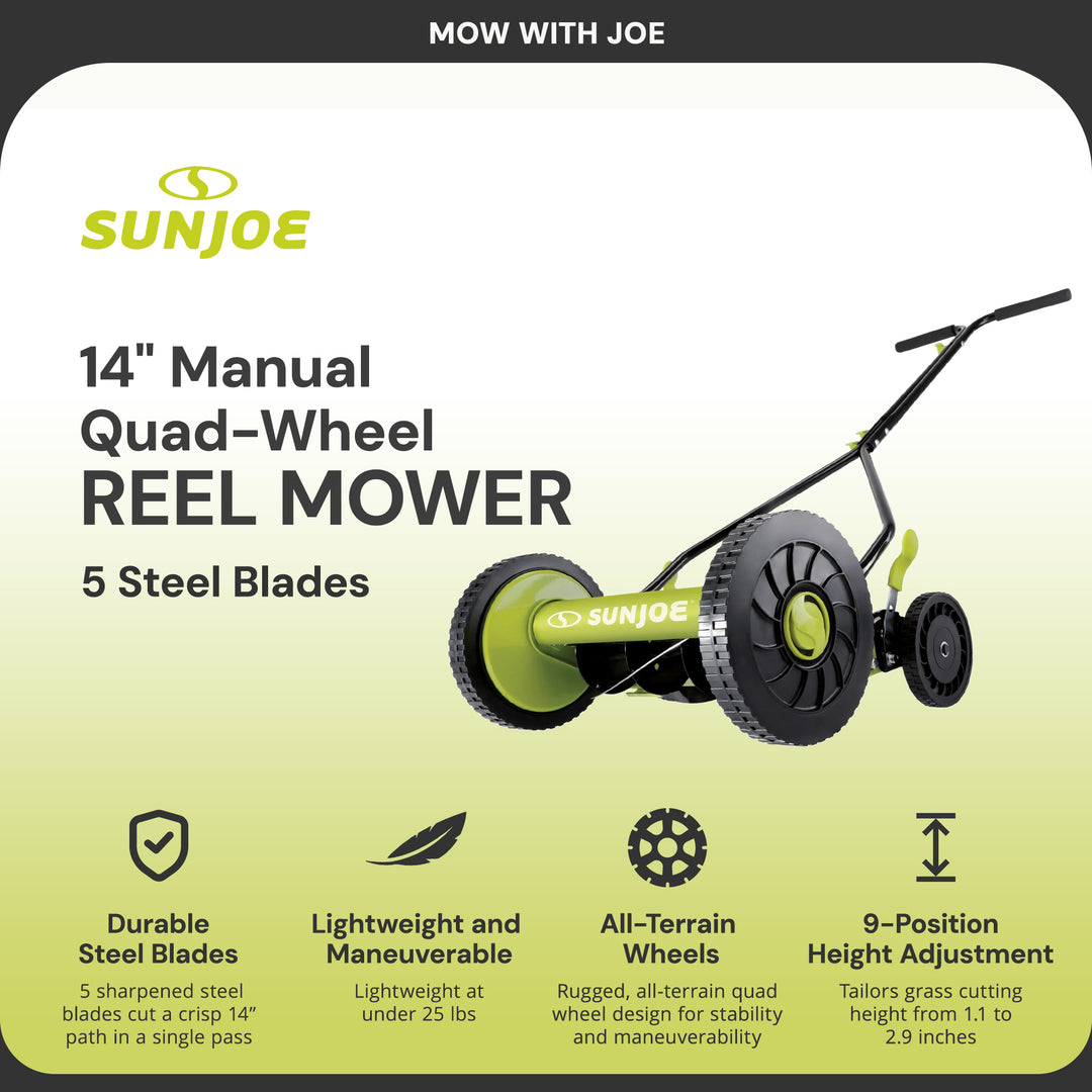 Sun Joe Cordless, Manual Push Steel Reel Lawn Mower, 14 Inch, Green (Open Box)