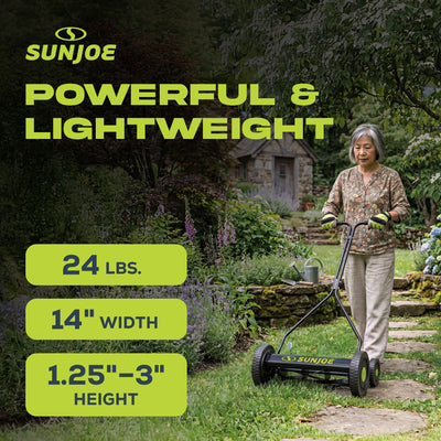 Sun Joe Cordless, Manual Push Steel Reel Lawn Mower, 14 Inch, Green, MJ503M