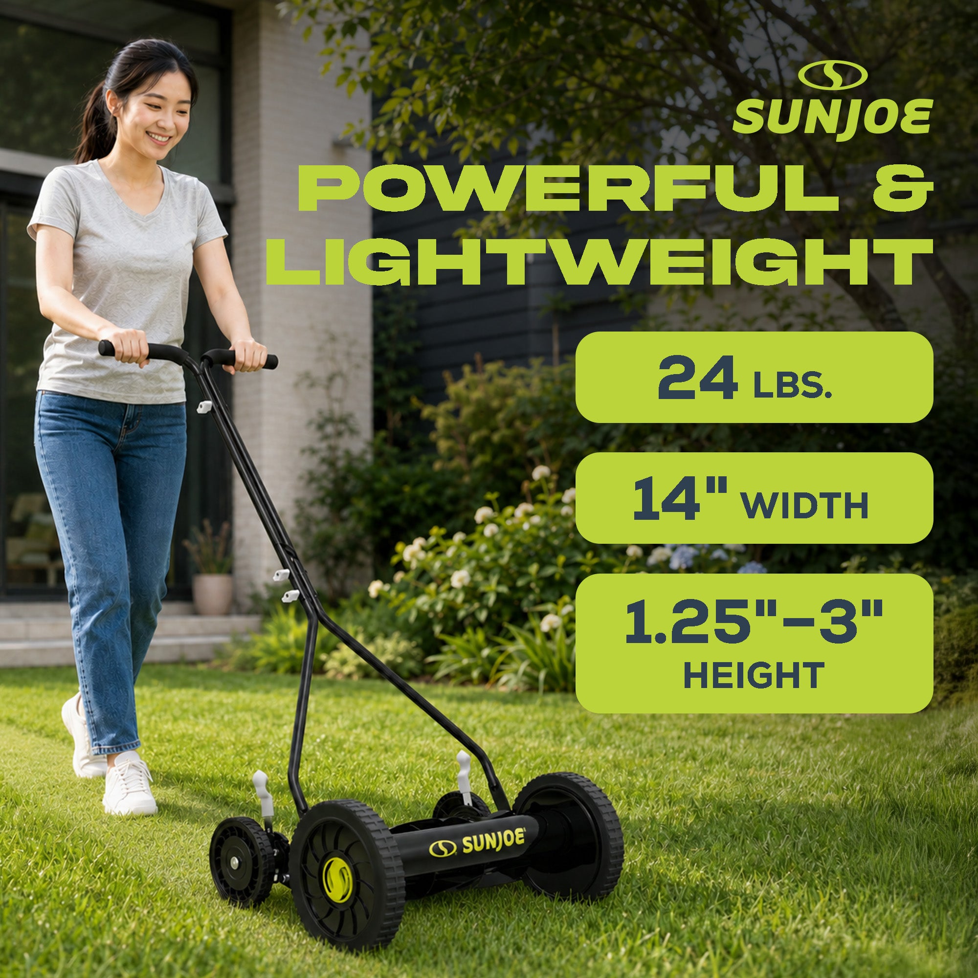 Sun Joe Cordless, Manual Push Steel Reel Lawn Mower, 14 Inch, Green (Open Box)