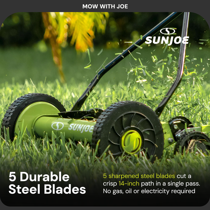 Sun Joe Cordless, Manual Push Steel Reel Lawn Mower, 14 Inch, Green, MJ503M