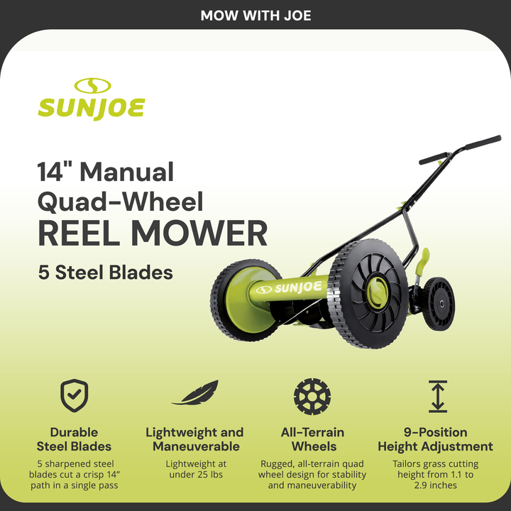 Sun Joe Cordless, Manual Push Steel Reel Lawn Mower, 14 Inch, Green, MJ503M