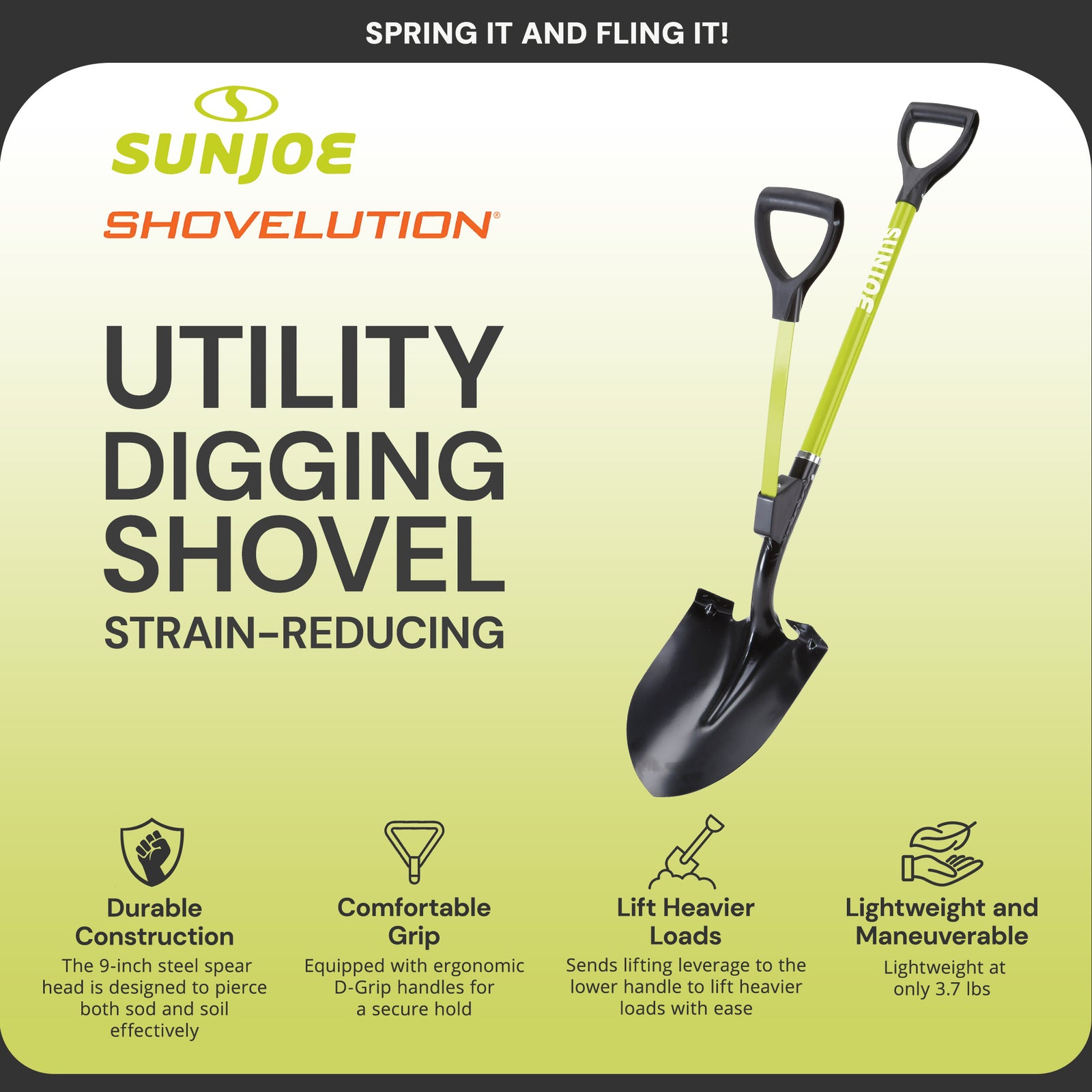 Sun Joe 9“ Digging Shovel, Assist Handle, Shovelution, Black/Green, SJ-SHLV07 - VMInnovations