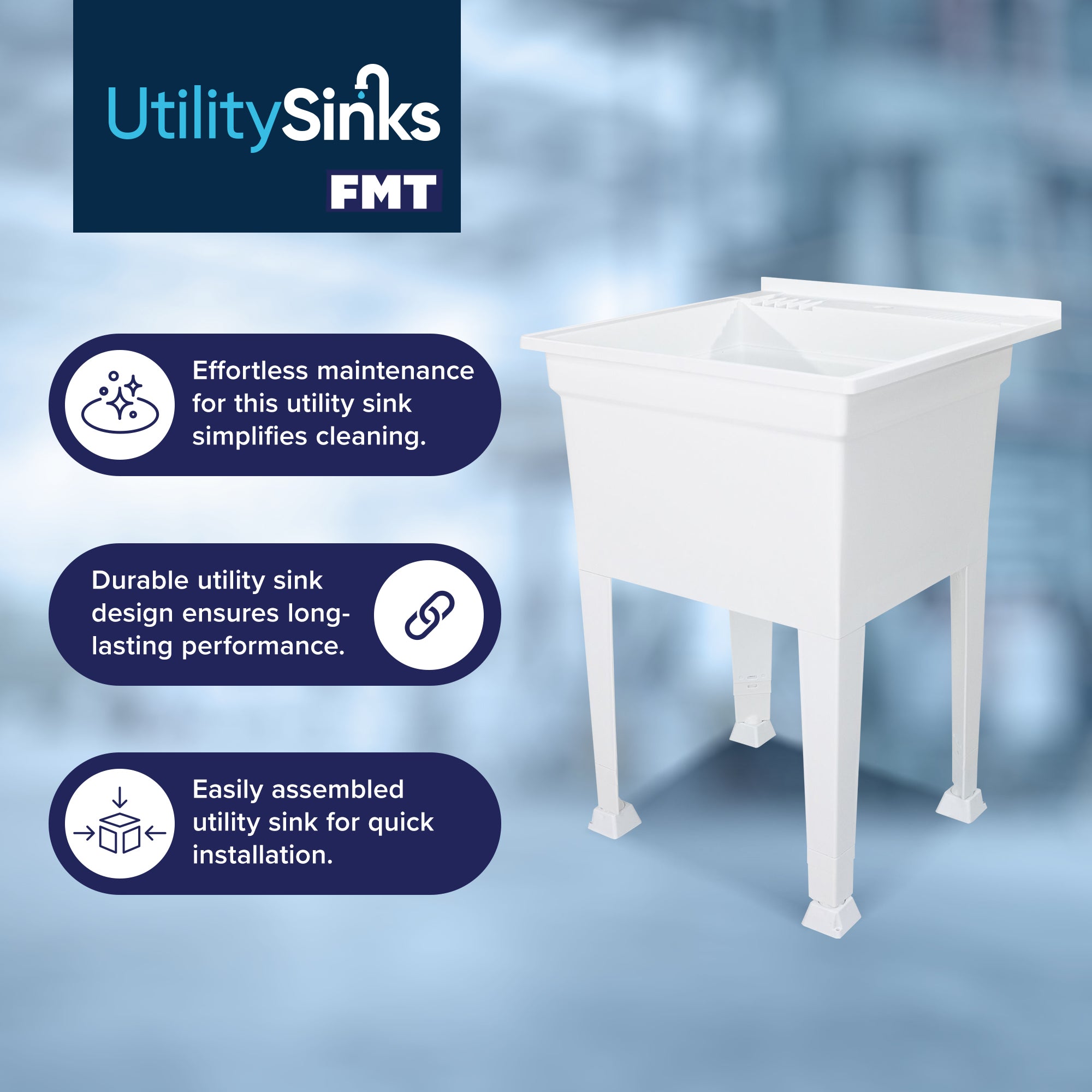 Utility Sink Heavy Duty Freestanding Utility Tub Sink, 24x24", White (Open Box) - VMInnovations